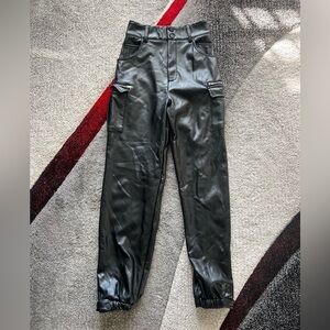 Meshki Black Faux Leather Cargo Jogger Pants